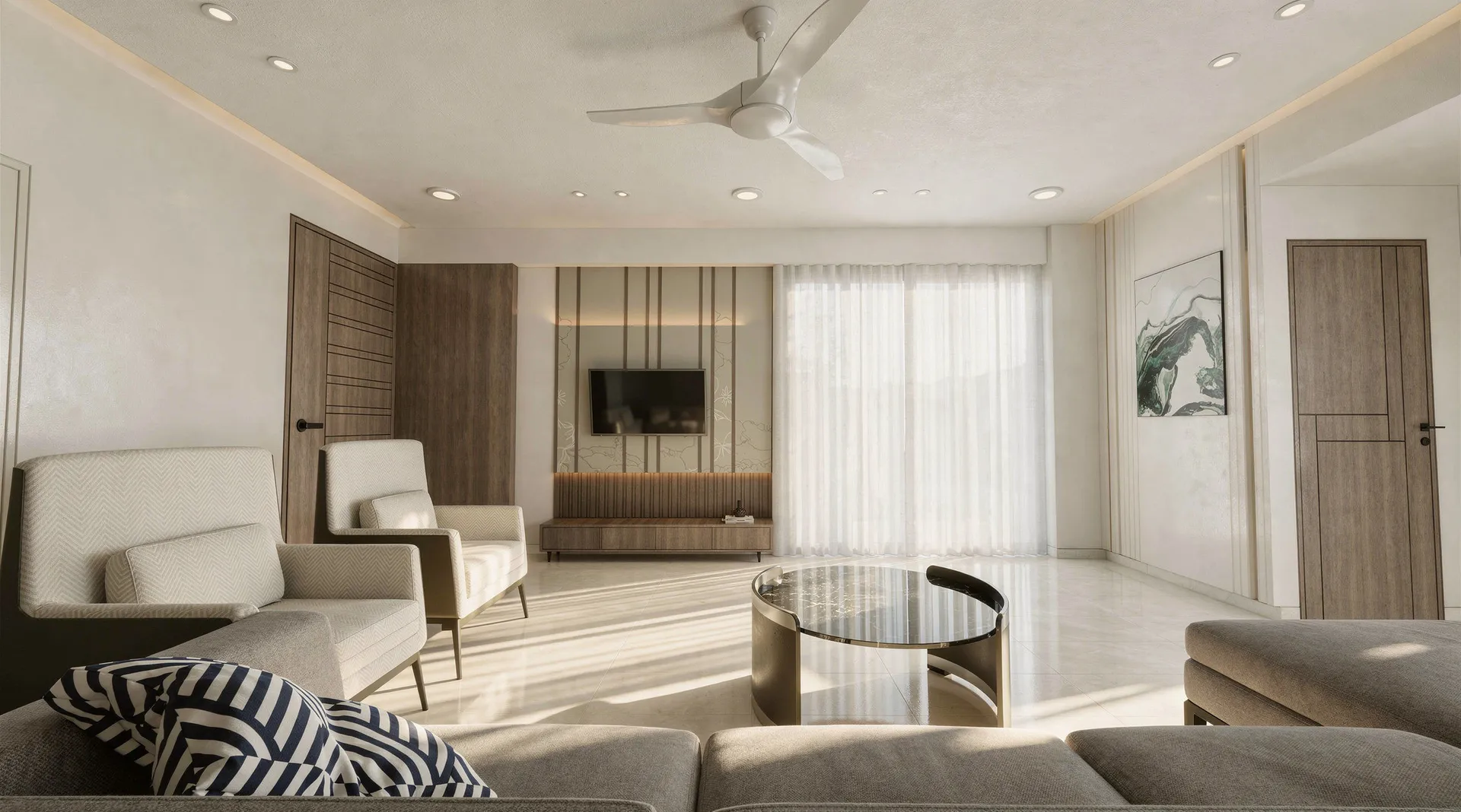 Living room interior render enhanced with AI color correction and detail sharpening