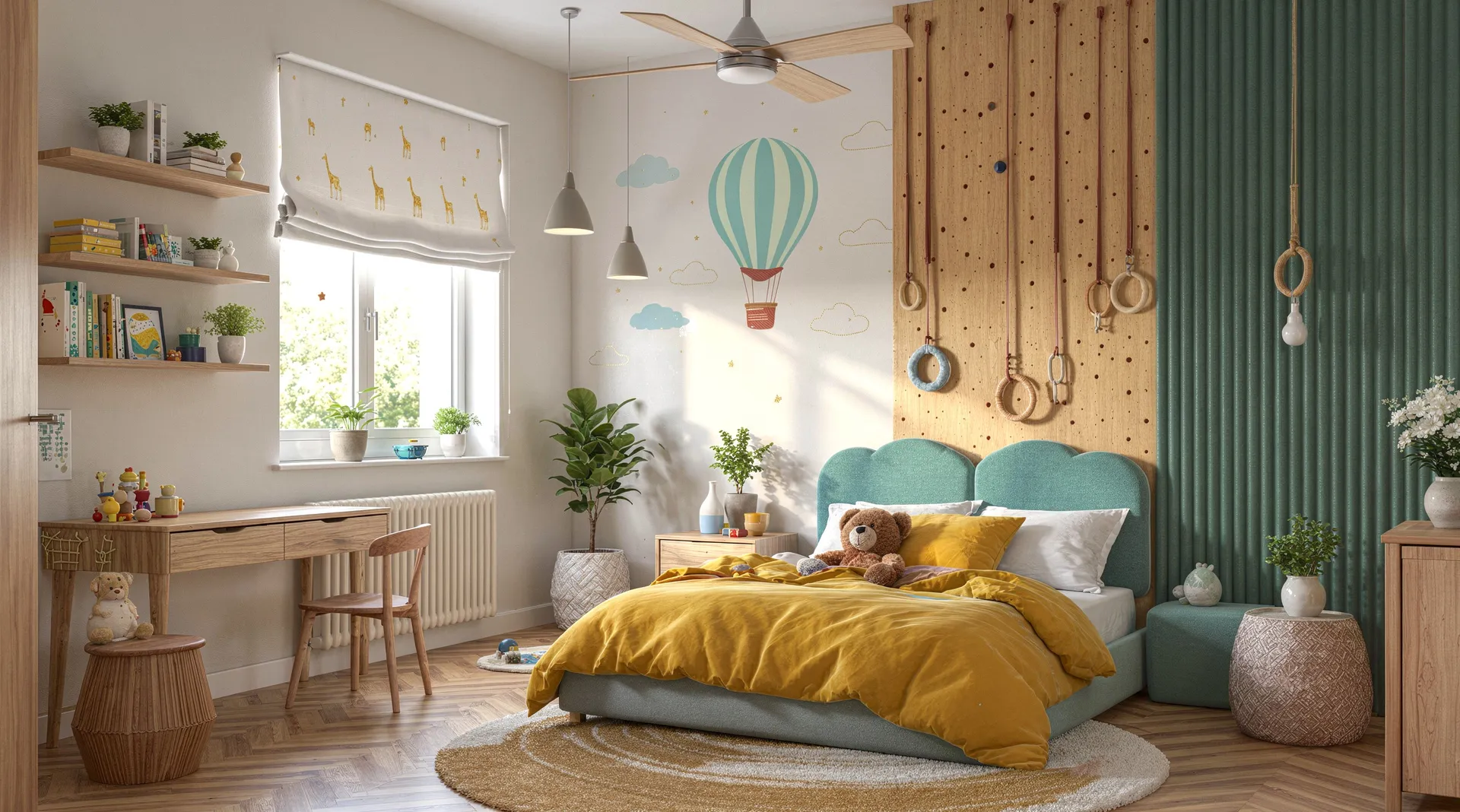 HyperReal kids bedroom interior with morning daylight through windows