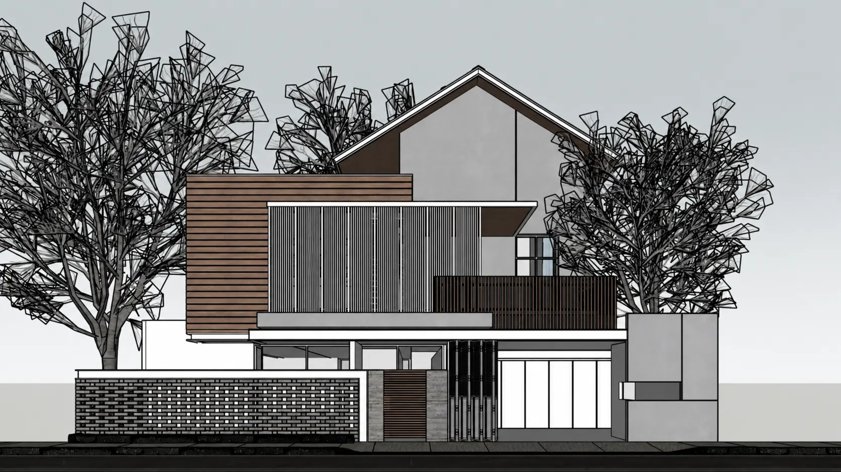 Modern house elevation transformed into a photorealistic exterior render with timber cladding, screens and natural landscaping — original input