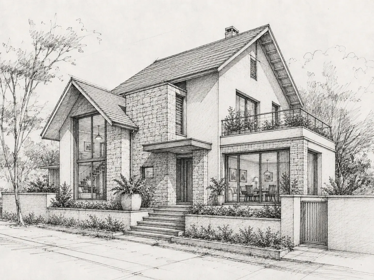 Detailed pencil sketch transformed into a realistic residential exterior render with materials, landscaping and evening light — original input