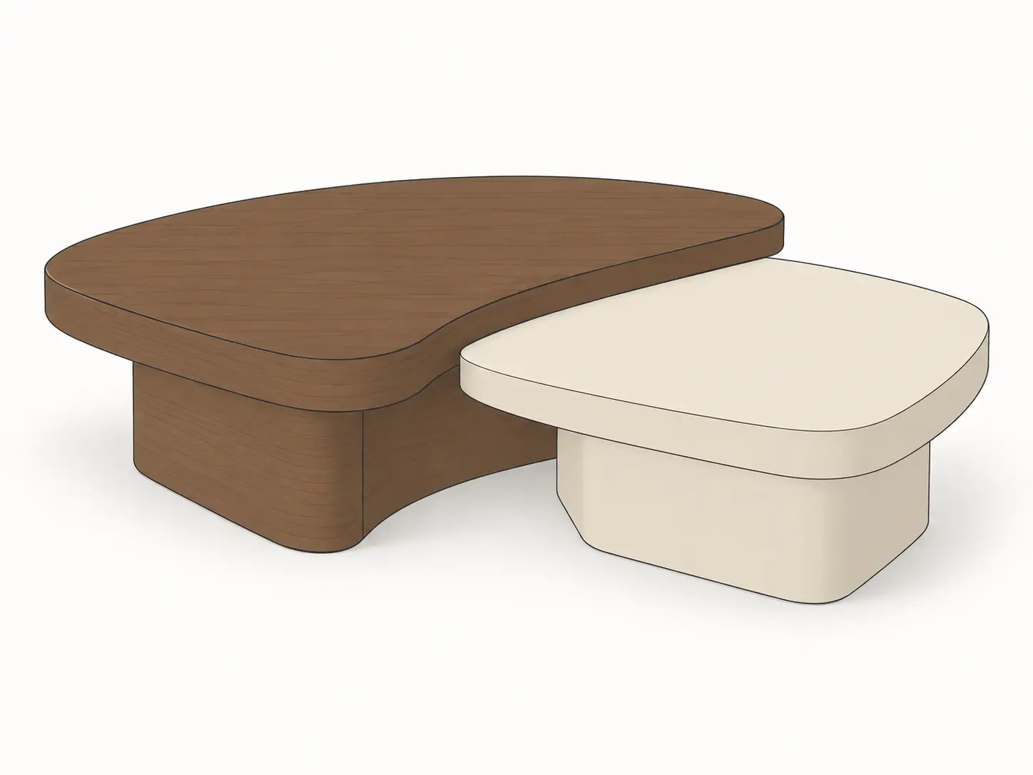 Two-piece coffee table model transformed into a photorealistic furniture render with dark walnut and light stone finishes — original input