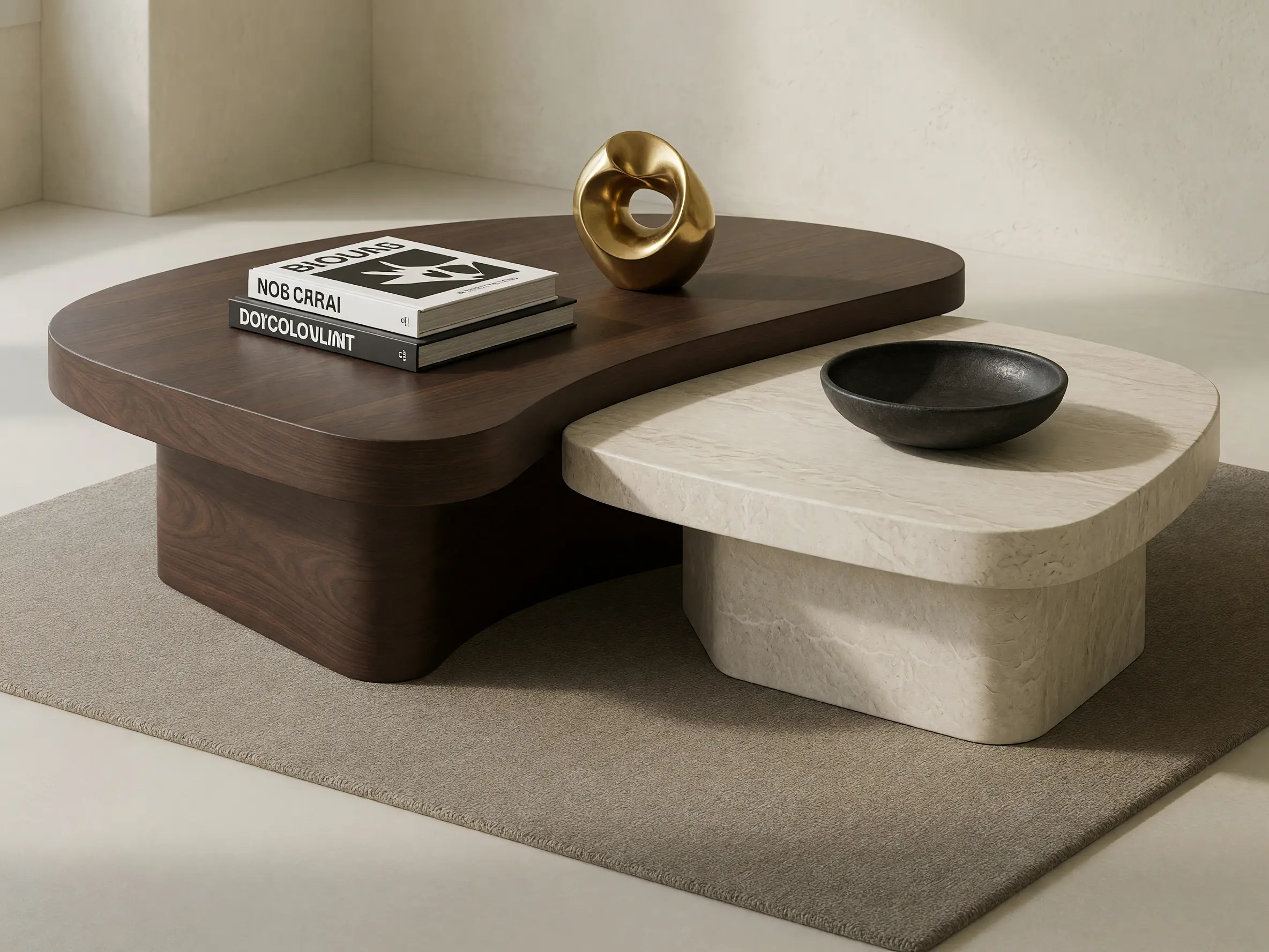 Two-piece coffee table model transformed into a photorealistic furniture render with dark walnut and light stone finishes