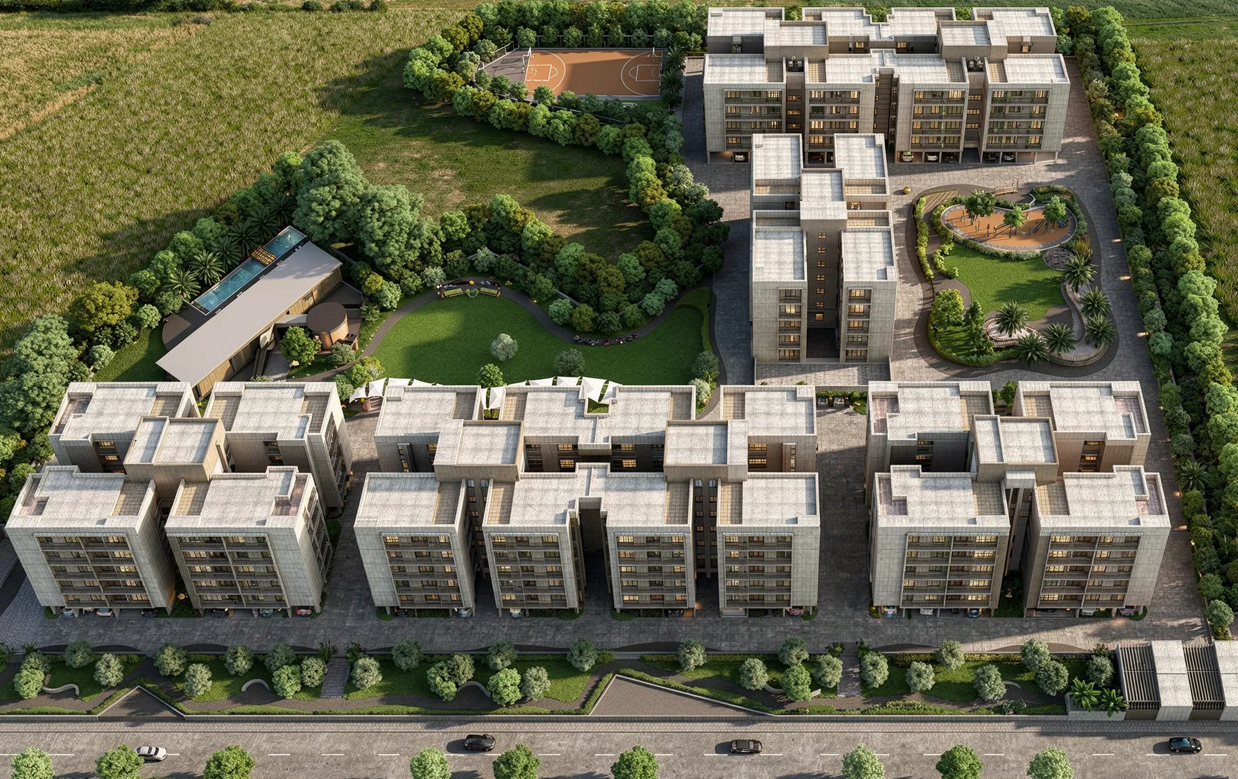 Urban site plan 3D visualization with streets and blocks