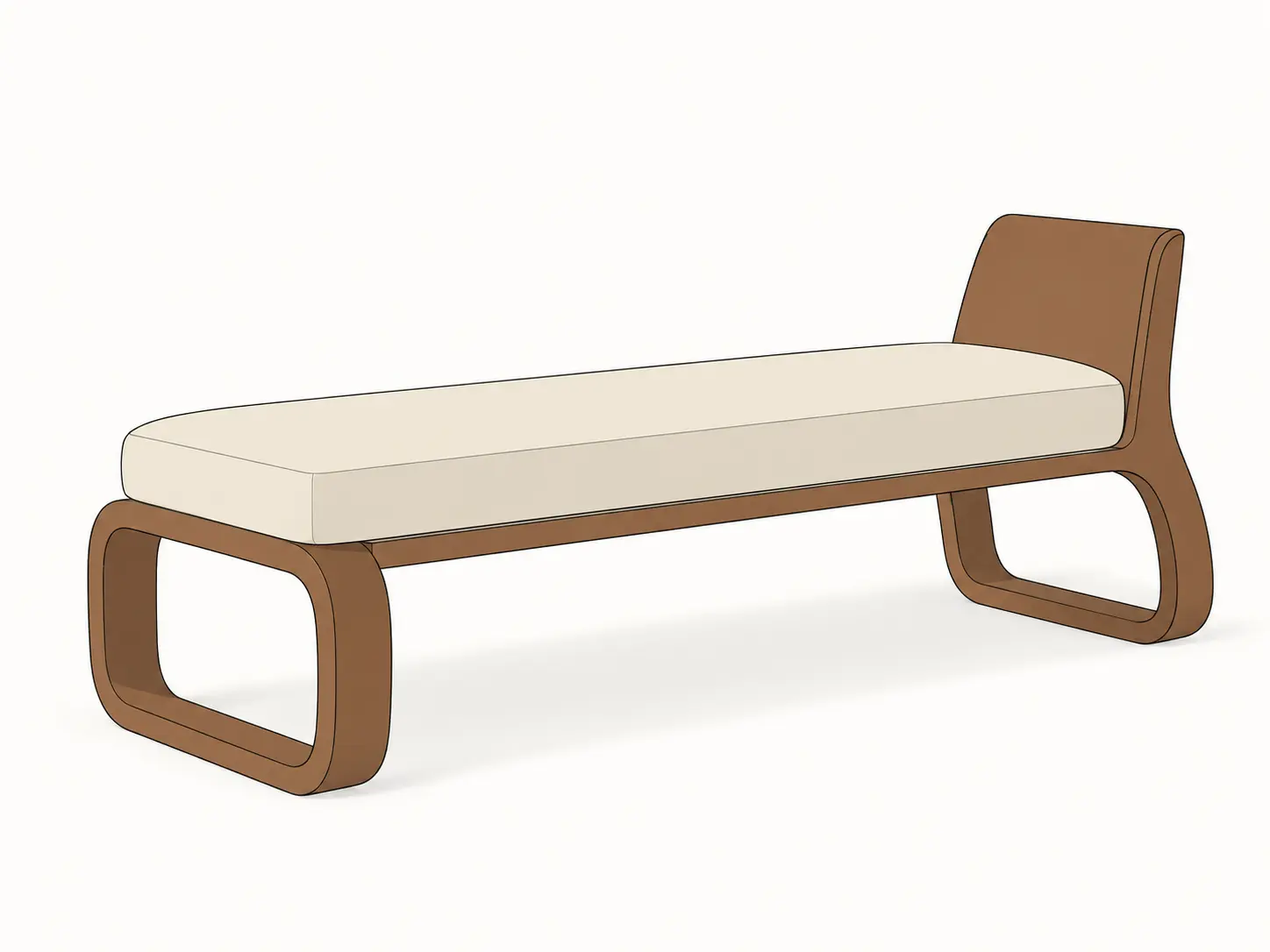 Original sketch — 3D daybed model transformed into a photorealistic lifestyle furniture render with walnut timber and textured upholstery