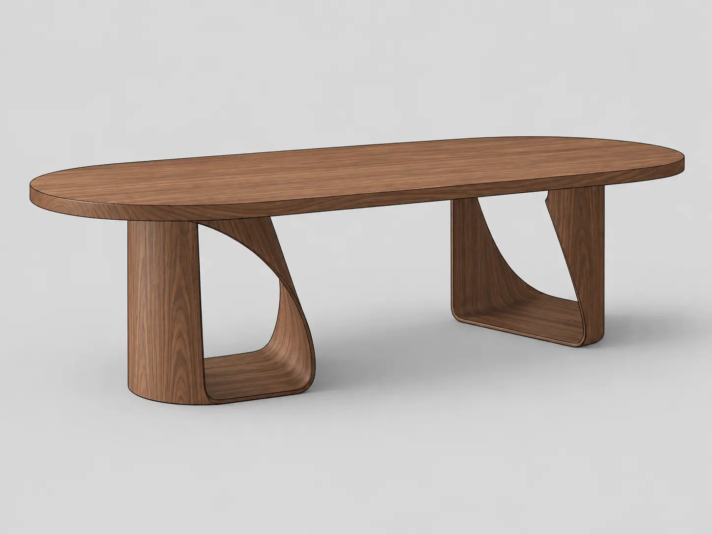 Original sketch — 3D walnut dining table model transformed into a photorealistic editorial furniture render with realistic wood grain