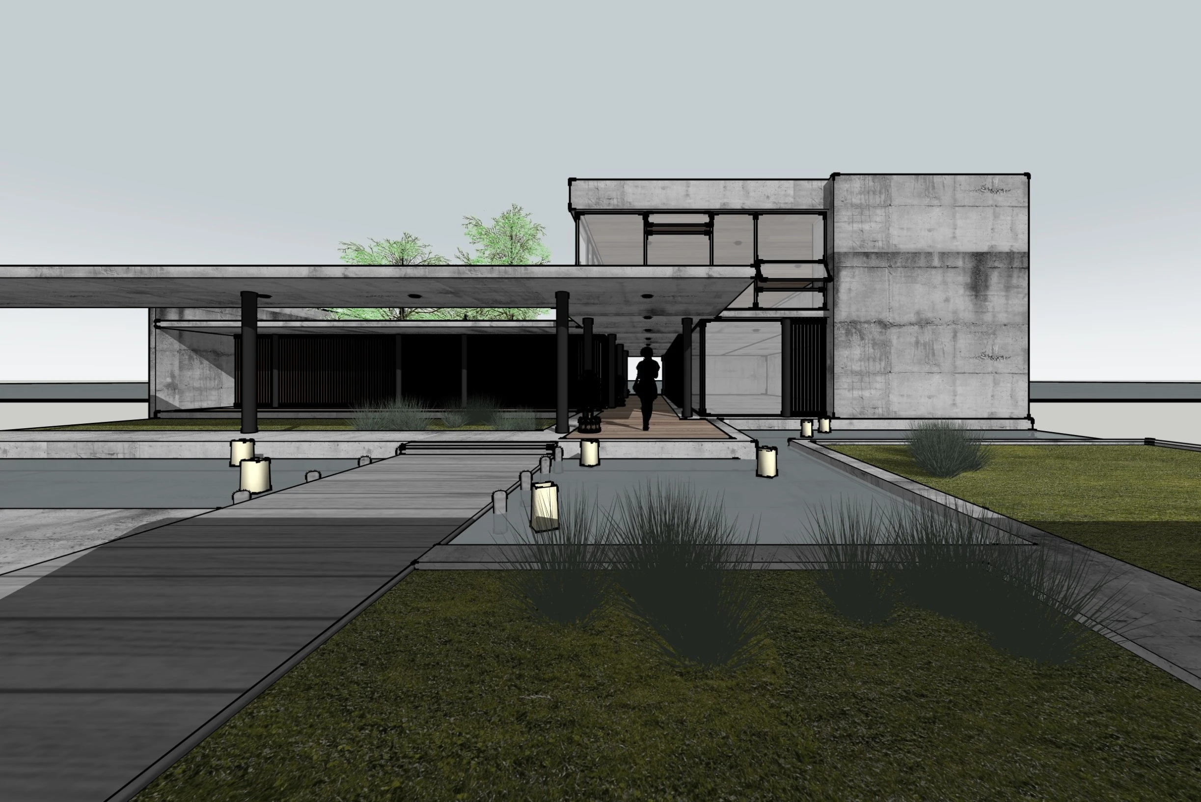 Original sketch — Modern concrete house elevation transformed into a realistic exterior render with reflecting pools, timber walkways and landscaped surroundings