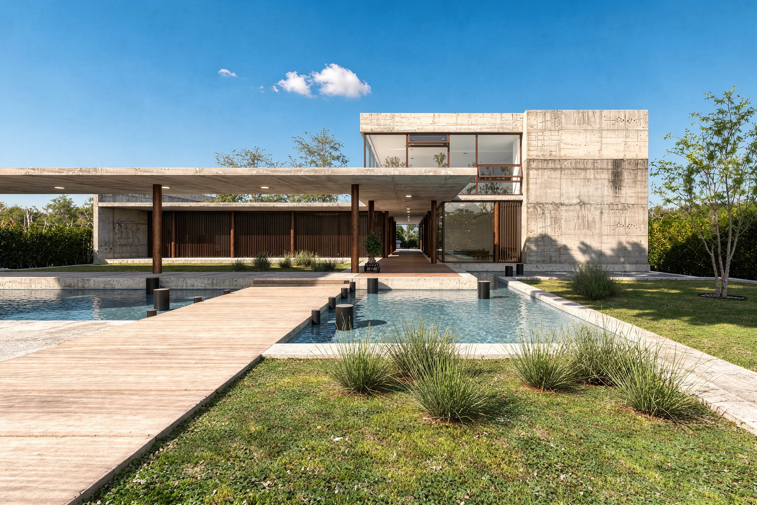 Modern concrete house elevation transformed into a realistic exterior render with reflecting pools, timber walkways and landscaped surroundings