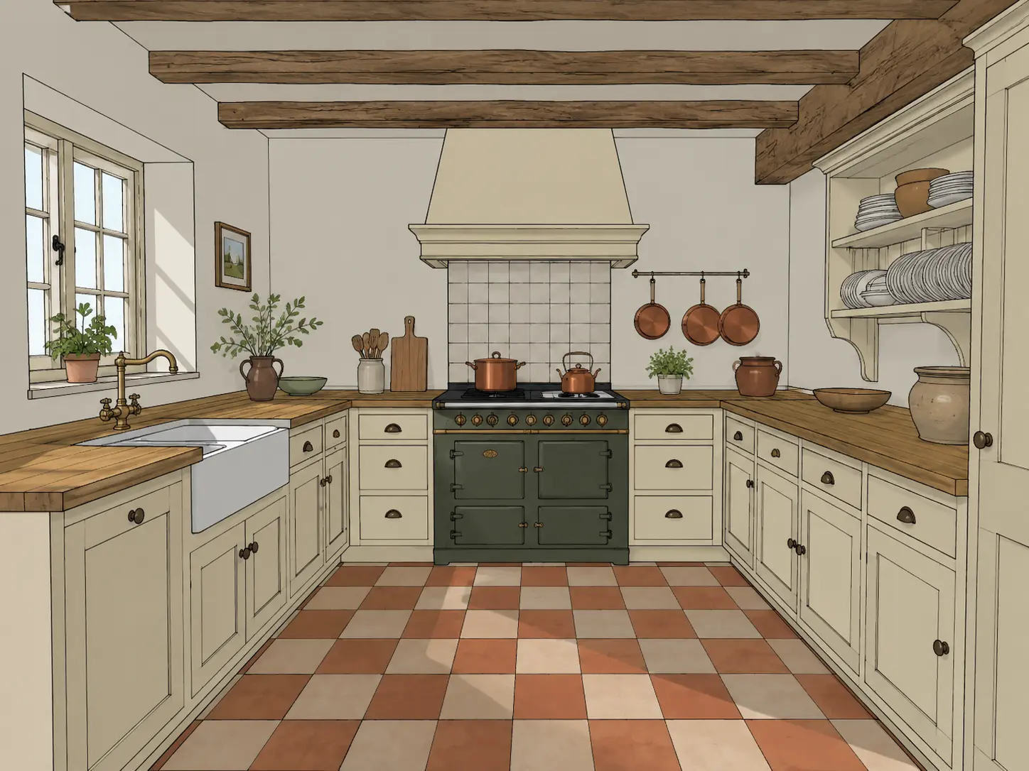Original sketch — Rustic farmhouse kitchen render with exposed timber beams, cream cabinetry and a classic range cooker