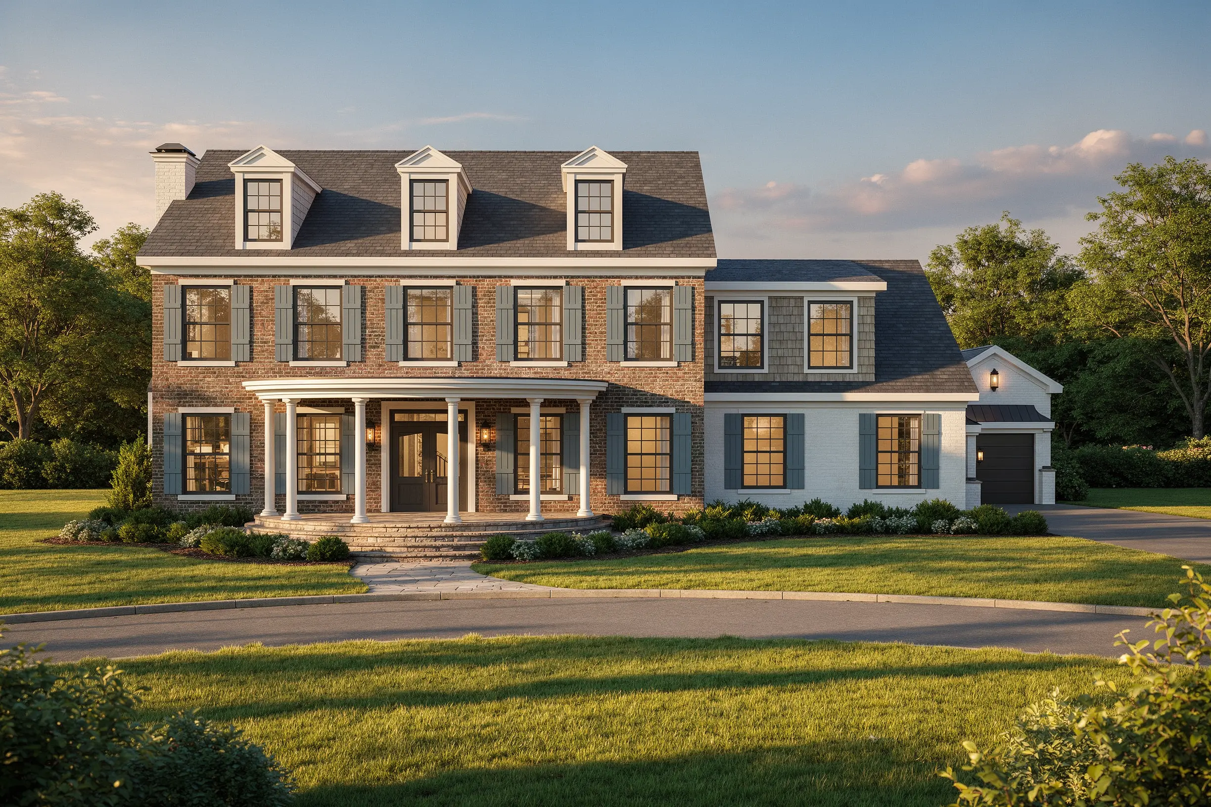 Traditional residential elevation transformed into a photorealistic brick house render with shutters, dormer windows and evening light