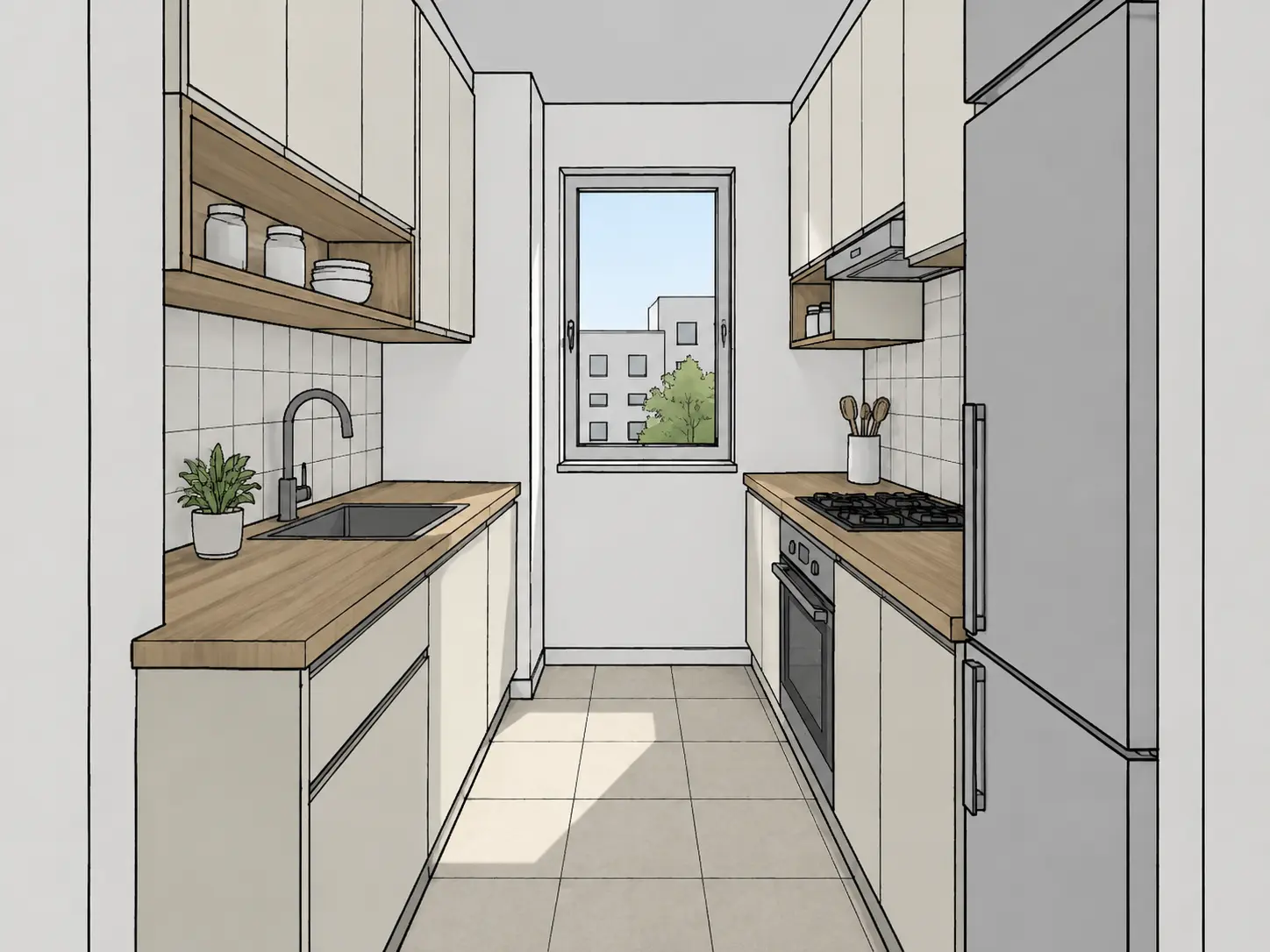Original sketch — Compact galley kitchen render with white cabinets, wood countertops and integrated task lighting