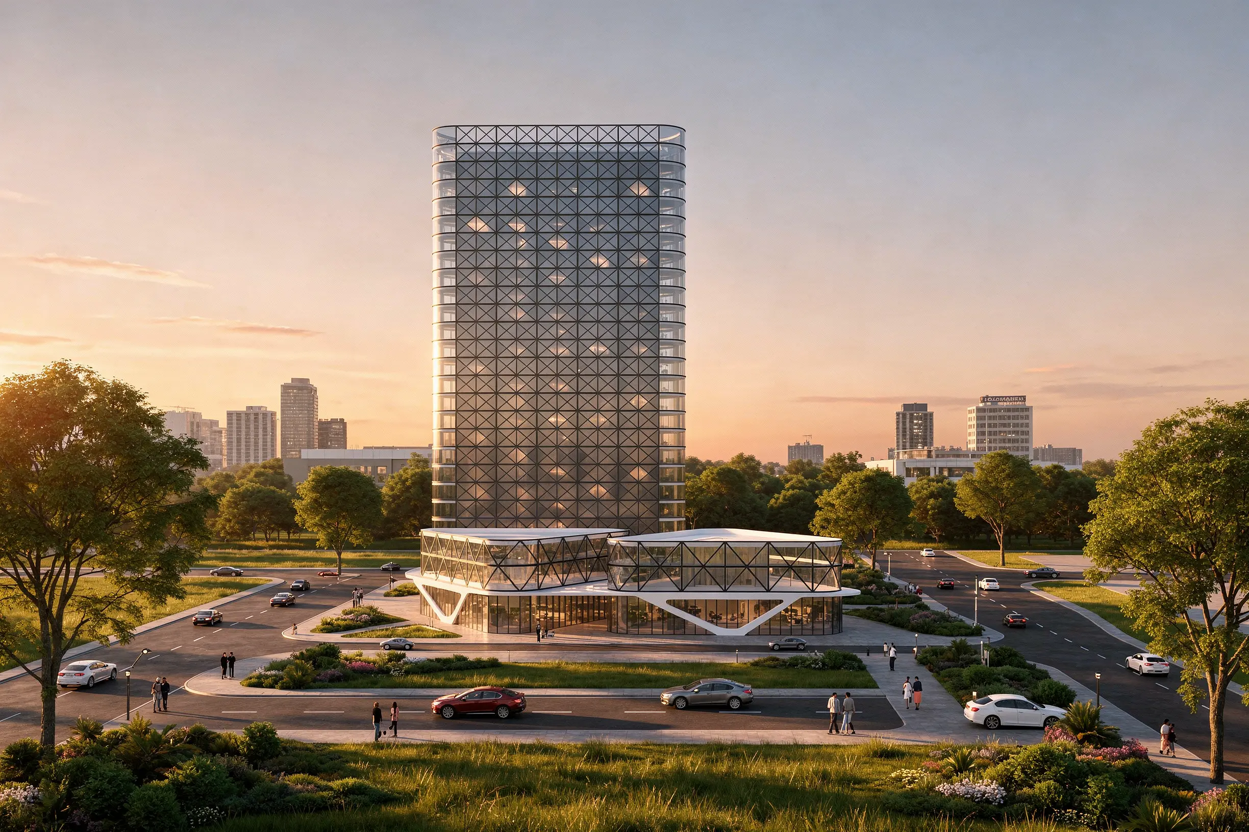 High-rise tower elevation transformed into a photorealistic architectural render with glass facade, landscape and sunset lighting