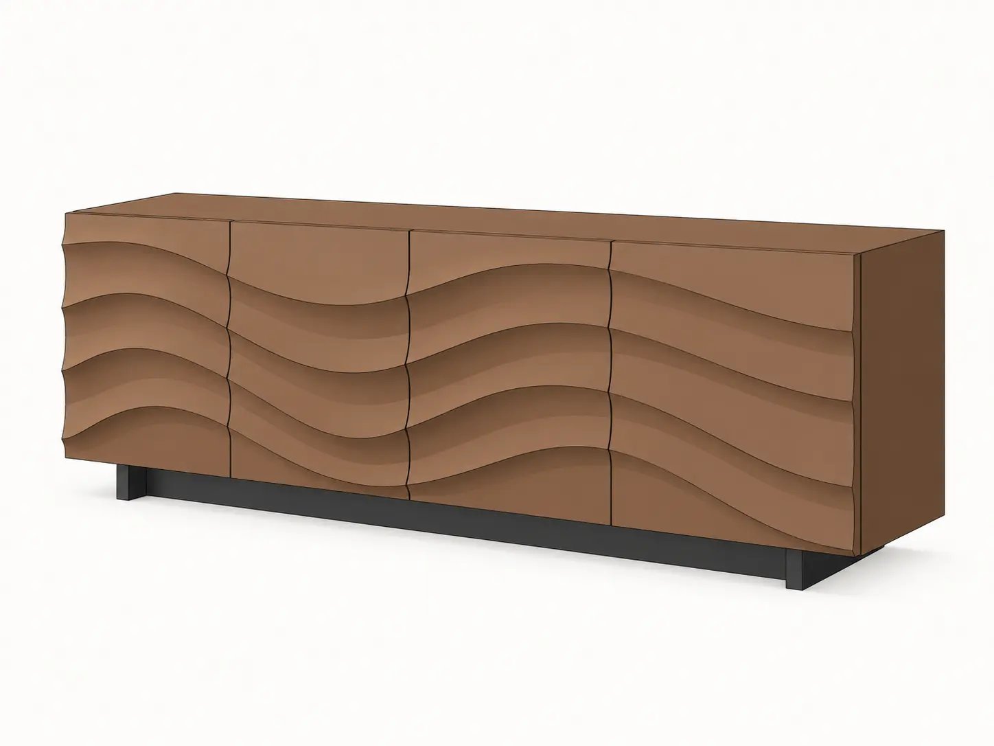 Original sketch — Sculpted wooden sideboard model transformed into a photorealistic furniture render with expressive walnut grain and wave-front drawers