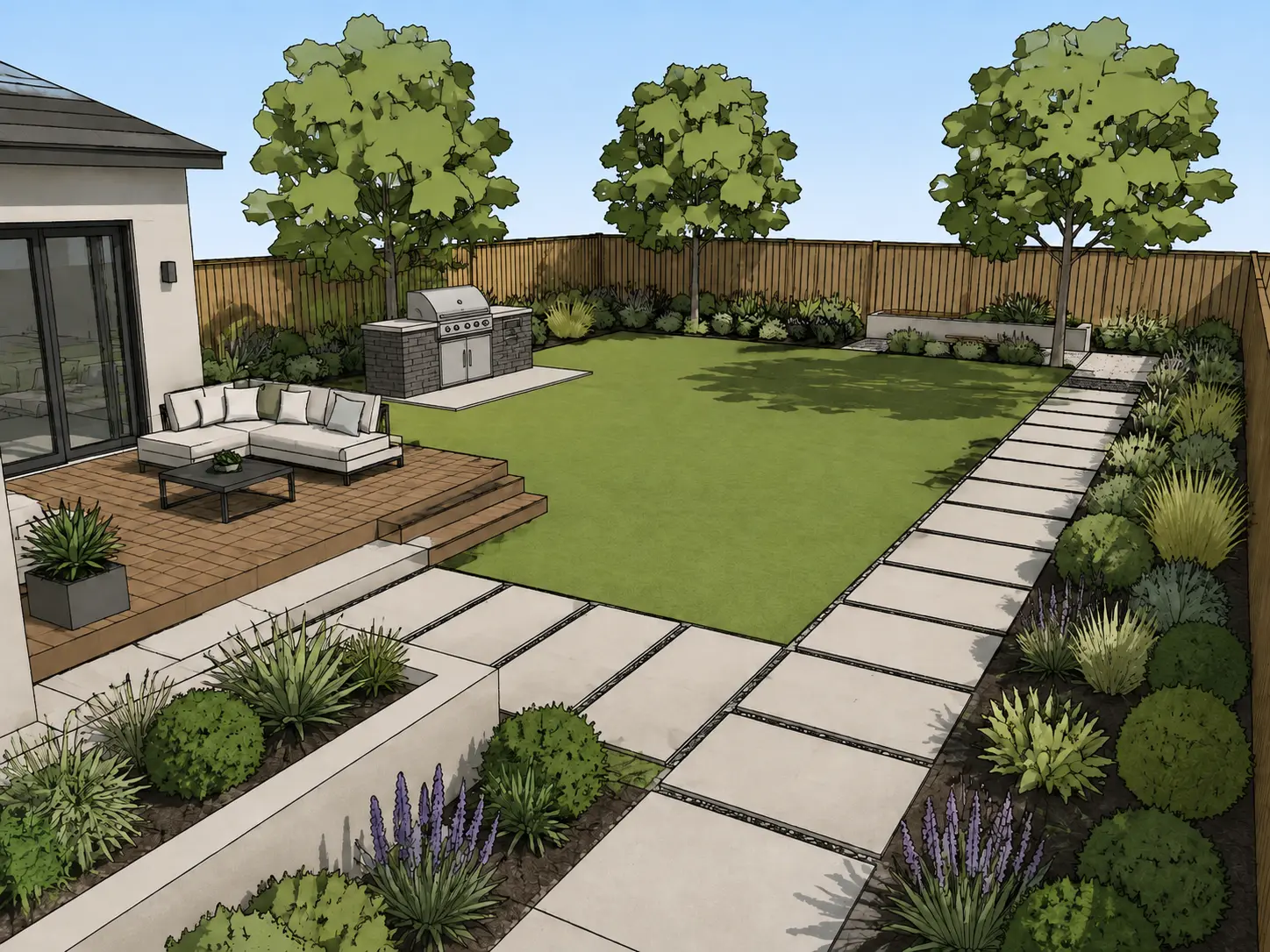 Original sketch — Backyard landscape design transformed into a realistic garden render with lawn, deck seating and a built-in grill