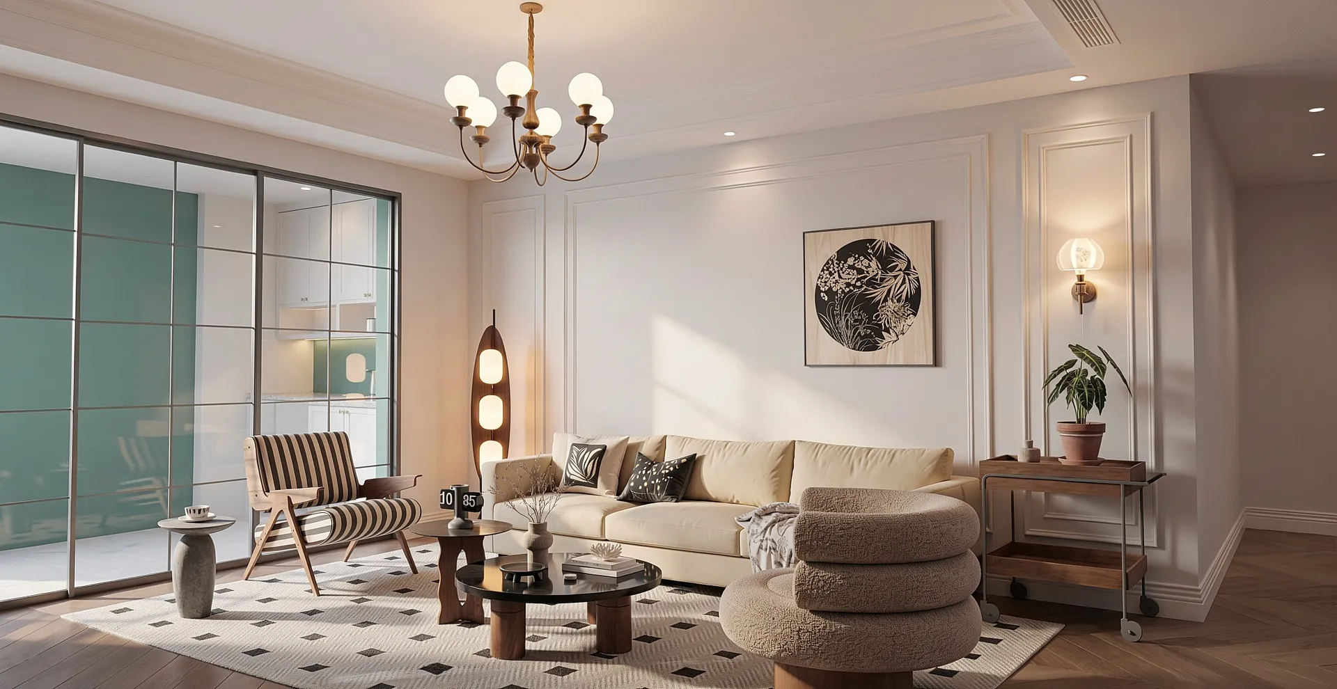 AI flythrough walkthrough of a living room interior
