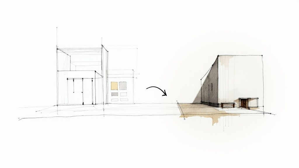An architectural design process showing a skeletal sketch evolving into a rendered, modern building with shadows.
