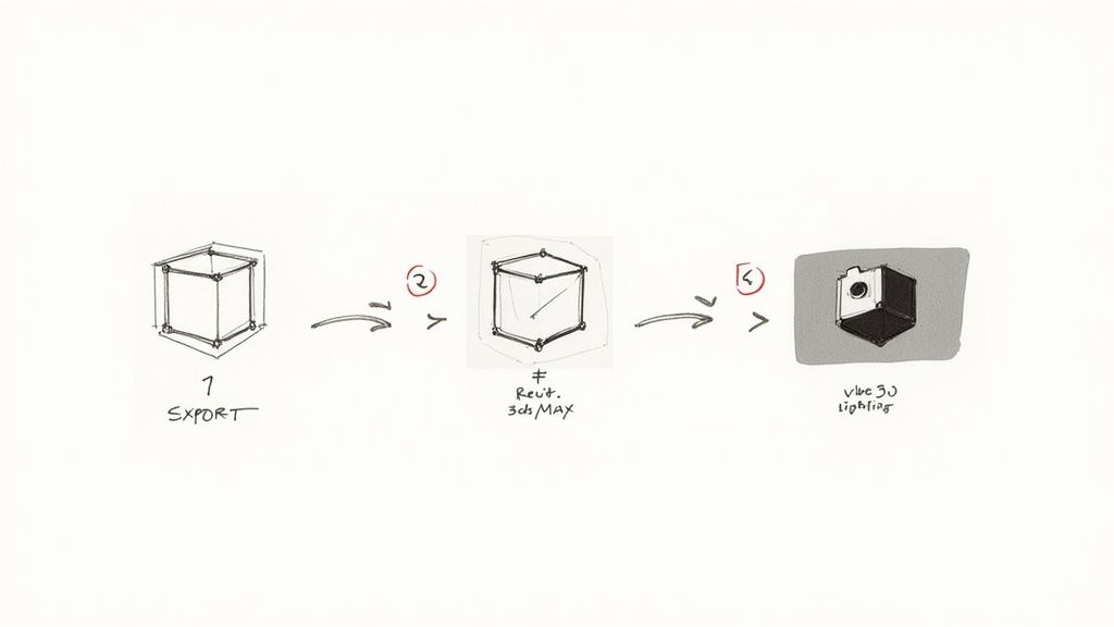 Three-step workflow diagram showing 3D model export, reimport to software, and final V-Ray rendering