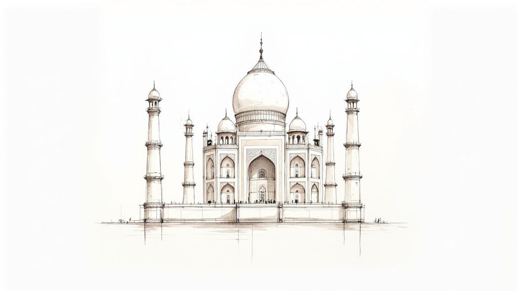 A picture of the Taj Mahal, showcasing its symmetrical front elevation and slender minarets against a clear sky.