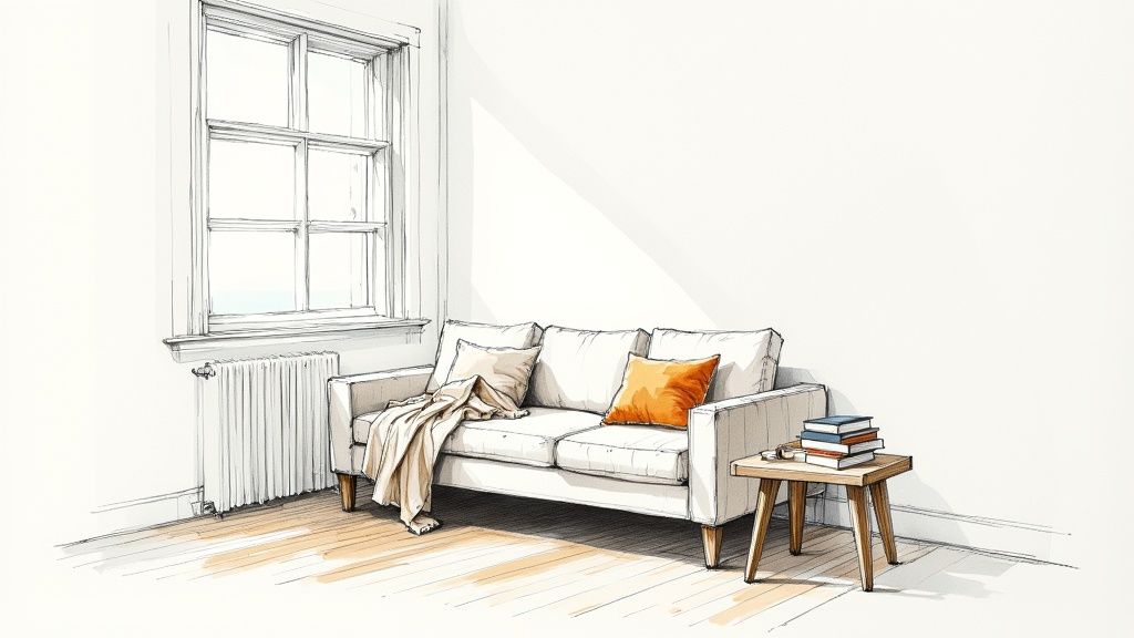 A photorealistic interior rendering of a modern living room at dusk, showcasing soft lighting and realistic material textures.